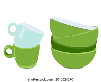 Green cups and plates vector stock illustration. A mountain of clean dishes. A design element for a restaurant menu or recipe. Household duties. Isolated on a white background.