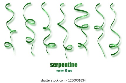 Green curly ribbon serpentine confetti. Green streamers set on transparent background. Colorful design decoration party, holiday event, carnival, Christmas, New Year greeting. Vector illustration