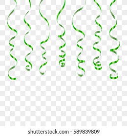 Green curly ribbons. Serpentine on transparent background. Colorful streamers. Design decoration party, birthday, Christmas, New Year celebration, anniversary, carnival Vector illustration