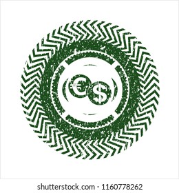 Green currency exchange icon inside grunge stamp