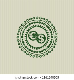Green currency exchange icon inside distress with rubber seal texture