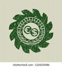 Green currency exchange icon inside distress rubber stamp