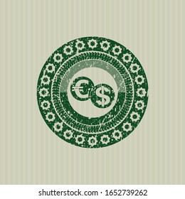Green currency exchange icon inside distress grunge seal