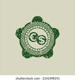 Green currency exchange icon inside rubber grunge texture stamp. 