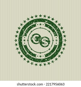 Icono de cambio de moneda verde dentro de una textura de caucho angustiada. 