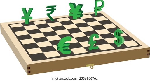 Símbolos de moeda verde como dólar, euro, iene, libra, rublo e rúpia estão jogando xadrez em um tabuleiro de xadrez, representando mercados financeiros globais e estratégia monetária internacional