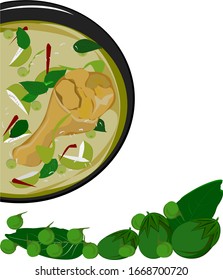 Green curry with chicken and eggplant, Thai eggplant, Vector illustration