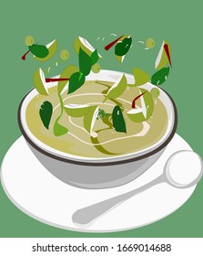 Green curry and eggplant, Thai eggplant, Vector illustration