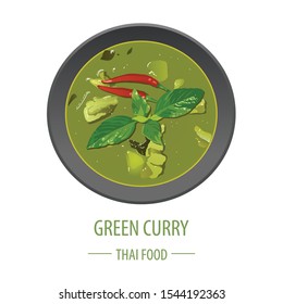 Green Curry famous Thai food,realistic with top view style,vector illustration