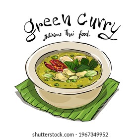 Green curry with fish ball. Popular traditional Thai food. Hand drawn vector illustration.