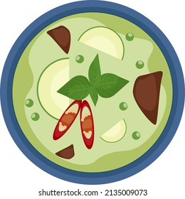 Green curry soup, illustration, vector on a white background.