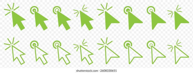 Green Cursors icons click set. Cursors icon click, Clicking cursor, pointing hand click icon vector illustration on Transparent Background. EPS 10.