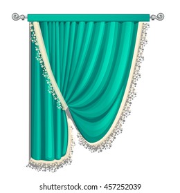 The green curtain in the interior isolated on a white background. Cartoon vector close-up illustration.