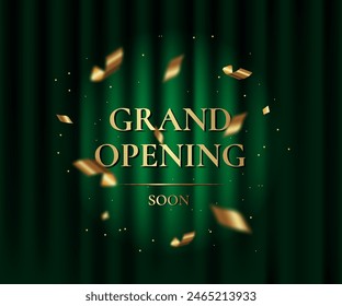 Green curtain with spotlight. Grand openning luxury banner witch golden text, foil confetti and glitter. Vector illustration