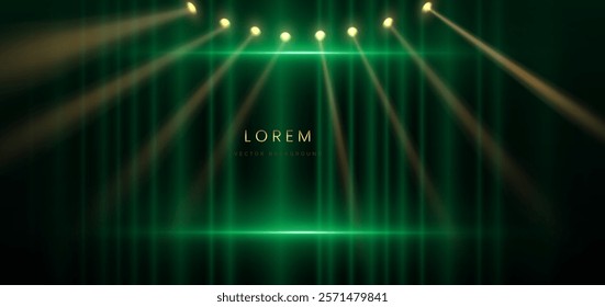 Green curtain stage background with spotlight effec. Celebration grand openning party happy concept. Vector illustration