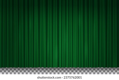 Green curtain for theater stage, circus or cinema. Movie theatre, show scene or comedy club background with green velvet drapes isolated on transparent background, vector realistic illustration