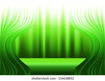 Green curtains and stage, decorative drapes, vector background
