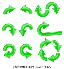 Green curved 3d arrows. Set of different shiny web signs. Vector illustration isolated on white background