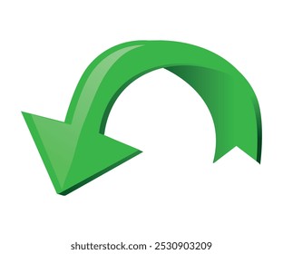 green curved arrow, 3d vector illustration with white solid background.