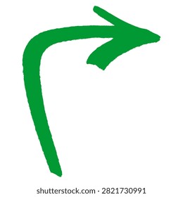Green curved arrow graffiti pointing doodle features smooth hand drawn marker stroke and urban street art style. Right direction navigation indicator symbol icon for layout clip art.