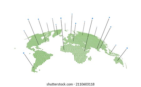 Green curved dotted World map. Vector EPS10 illustration.