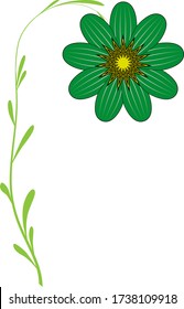 Green curved flower with leaves. Round border with plant. Isolated on white. Flat design. Vector illustration. Ecology frame. Floral clip art. Eco logo. Nature symbol.