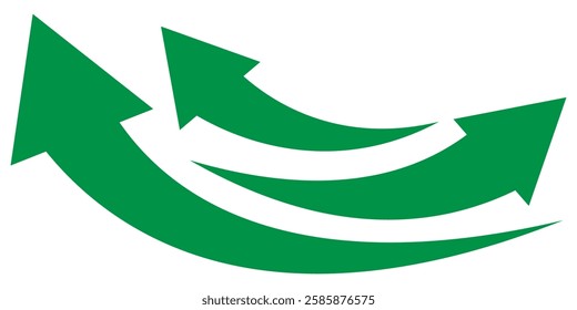 Green curved graph with arrow icon. Arrow illustration pointing up. profit arrow head. Growing business green indicator. Simple long green curved arrow concept of sales symbol. 