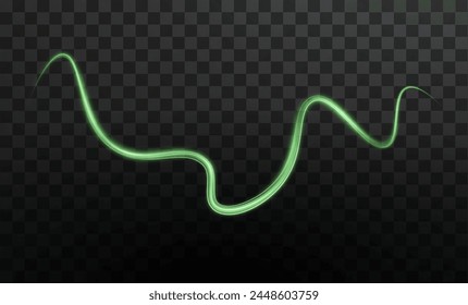 Green curved light line, rope, tape. Smooth festive green line png with light effects. Element for your design, advertising, postcards, invitations, screensavers, websites, games.