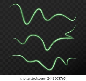 Green curved light line, rope, tape. Smooth festive green line png with light effects. Element for your design, advertising, postcards, invitations, screensavers, websites, games.