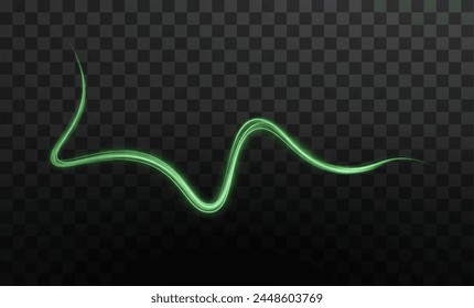 Green curved light line, rope, tape. Smooth festive green line png with light effects. Element for your design, advertising, postcards, invitations, screensavers, websites, games.