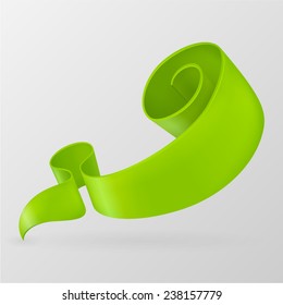 Green curved paper ribbon banner. Design element. Isolated on a gray background. With space for text. Abstract vector illustration.
