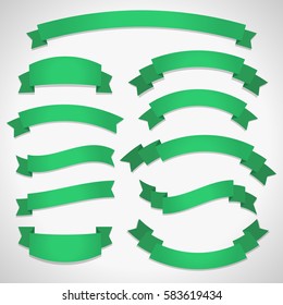 Green curved ribbon banners set isolated on light background, perfect for web design and advertisement. Vector illustration eps10.