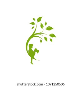 Green curved tree with leaves and child with book. Round border with boy. Isolated on white. Flat design. Vector illustration. Children education or care sign. Childhood logo. 