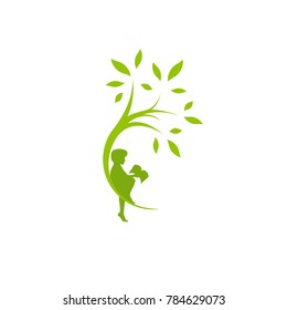 Green Curved Tree With Leaves And Child With Book. Round Border With Boy. Isolated On White. Flat Design. Vector Illustration. Children Education Or Care Sign. Childhood Logo. 