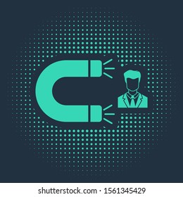 Green Customer attracting icon isolated on blue background. Customer retention, support and service. Customer man attracting with magnet. Abstract circle random dots. Vector Illustration