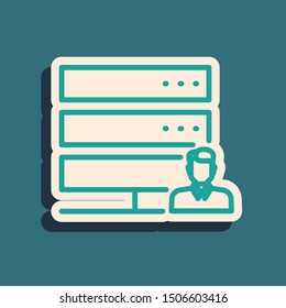 Green Customer care server icon isolated on blue background. Tech support concept with male operator.   Vector Illustration
