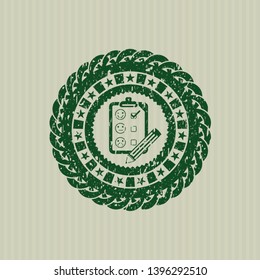 Green customer feedback icon inside distressed rubber stamp with grunge texture