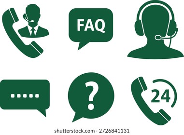 Verde de las herramientas de Asistencia al cliente y comunicación que incluyen teléfono, auriculares, preguntas frecuentes, signo de interrogación y burbujas de chat