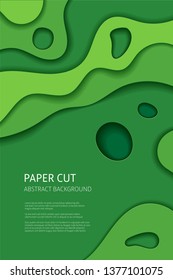 Green cut out 3d paper effect abstract background. Vector design layout, banner templates.