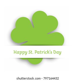 Green cut out four leaf clover attached in the white paper pocket. St Patricks Day card with text label. EPS10 vector illustration.