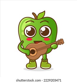 personaje verde adorable de manzana tocando ilustración vectorial de guitarra en estilo plano. adecuado para icono, símbolo,mascota