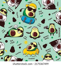 Green cute avocado seamless pattern