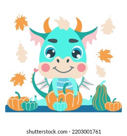 green cute baby dragon is playing with a pumpkin on Halloween. Vector illustrations in a flat cartoon style for designs, prints, greeting cards and patterns. Cute fantastic character baby dragon 2024