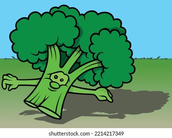 Broccoli verde con cara y manos - Ilustración de dibujos animados de color con fondo, vector