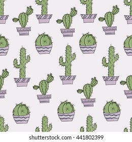 green cute cactus in pots on a light pink background, seamless pattern 