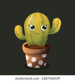 Green cute cartoon cactus in a brown pot with a smile and eyes with black background. Happy plant with thorns in pot. Spring cute card with cactus and plants for flower shop with black background