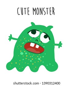 Green cute cartoon character monster alien vector illustration