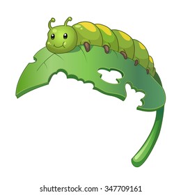 Green cute caterpillar on leaf. Vector cartoon illustration of caterpillar isolated on white