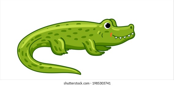 Cocodrilo verde lindo, lagarto, ilustración vectorial. ilustración a mano de un cocodrilo de dibujos animados aislado en un fondo blanco. Animales fluviales africanos