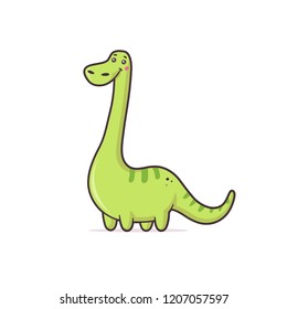 Green cute dinosaur Argentinosaurus vector cartoon kawaii illustration isolated on white